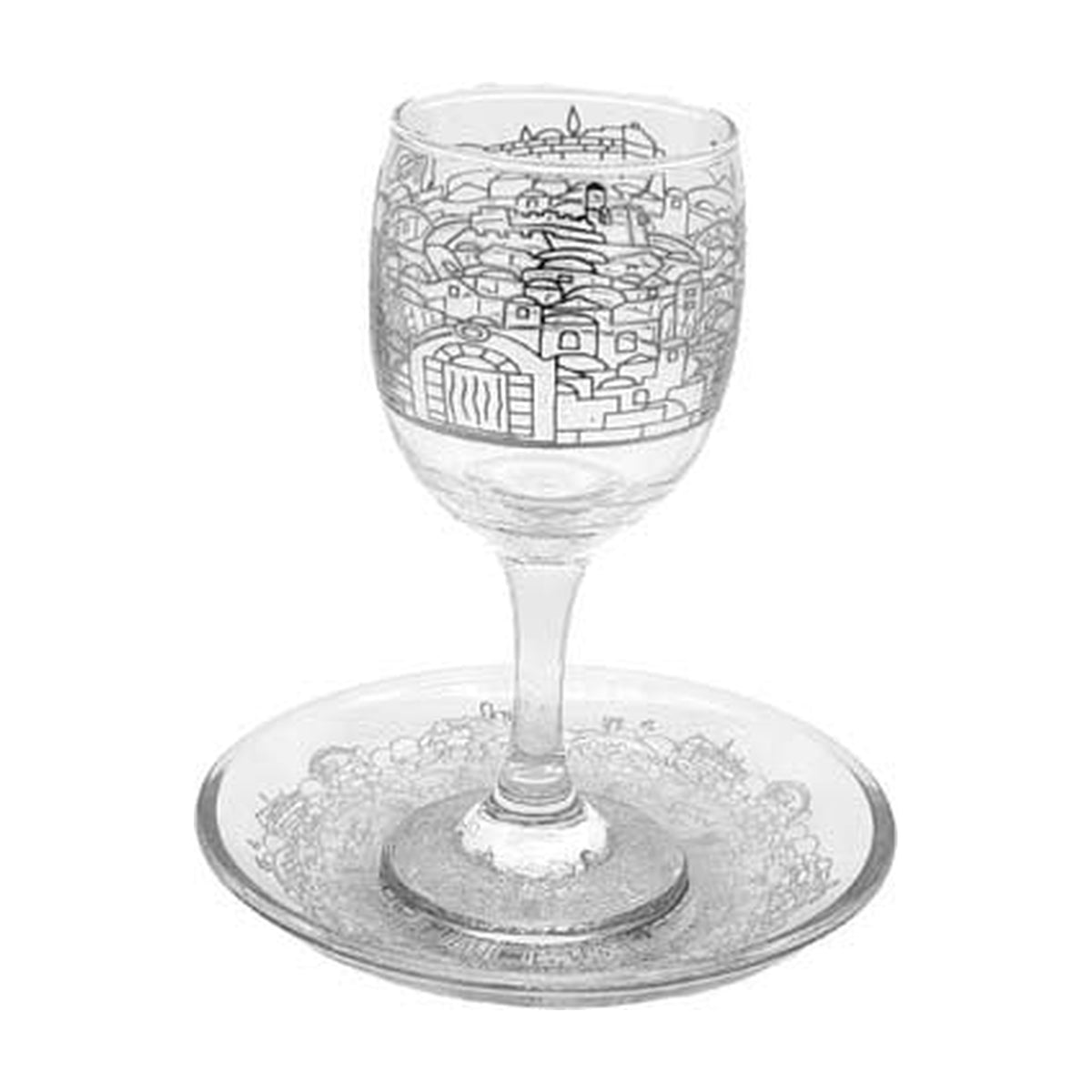 Glass Stemmed Kiddush Cup with Tray, Jerusalem Design in Silver