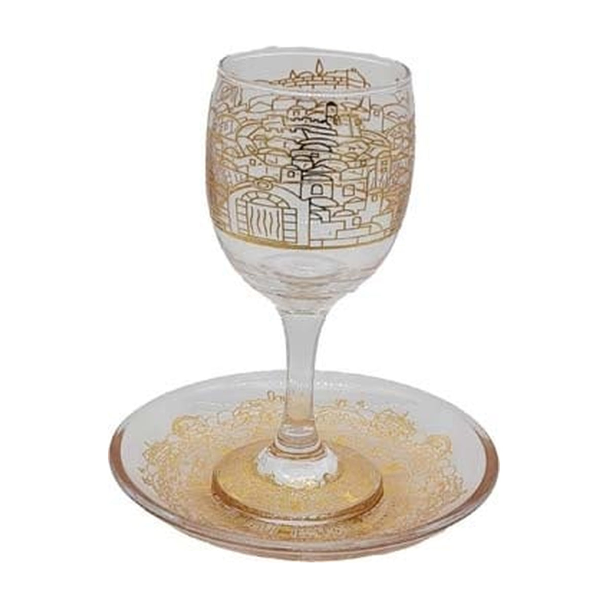 Glass Stemmed Kiddush Cup with Tray, Jerusalem Design in Gold