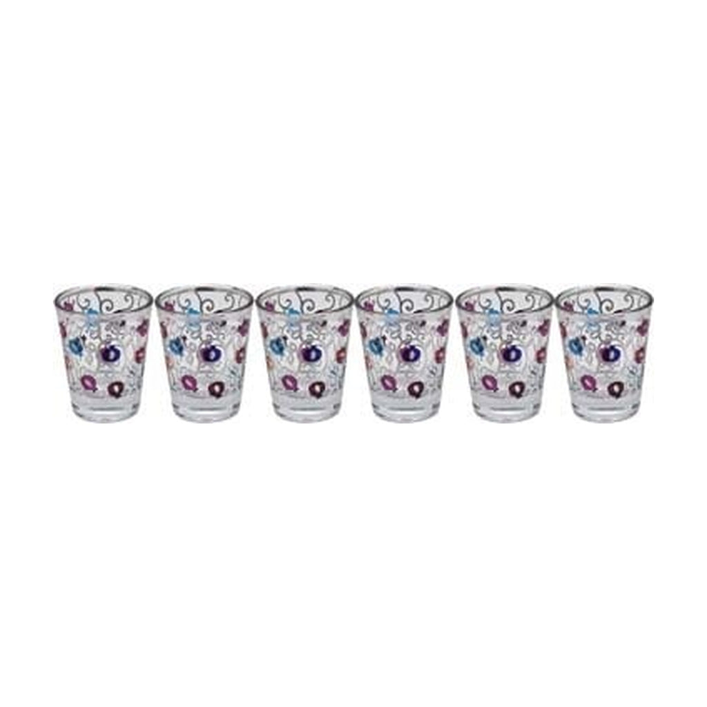 Set of 6 Mini Kiddush ''Shot'' Glasses, Purple Pomegranate Design