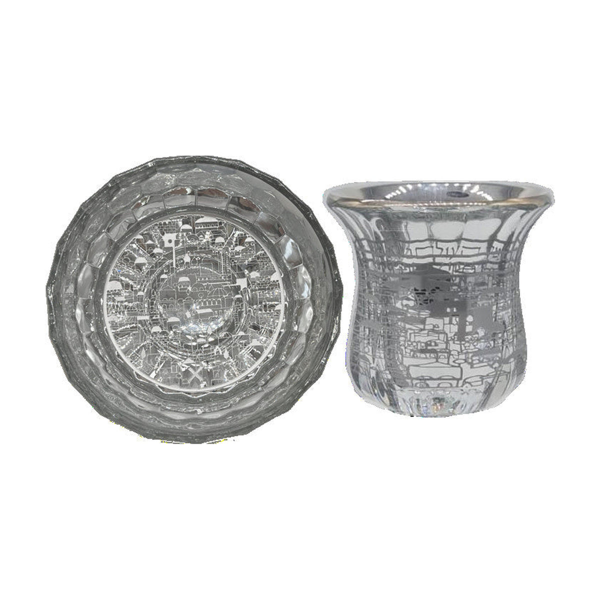 Silver Jerusalem Design - Glass Kiddush Cup with Plate
