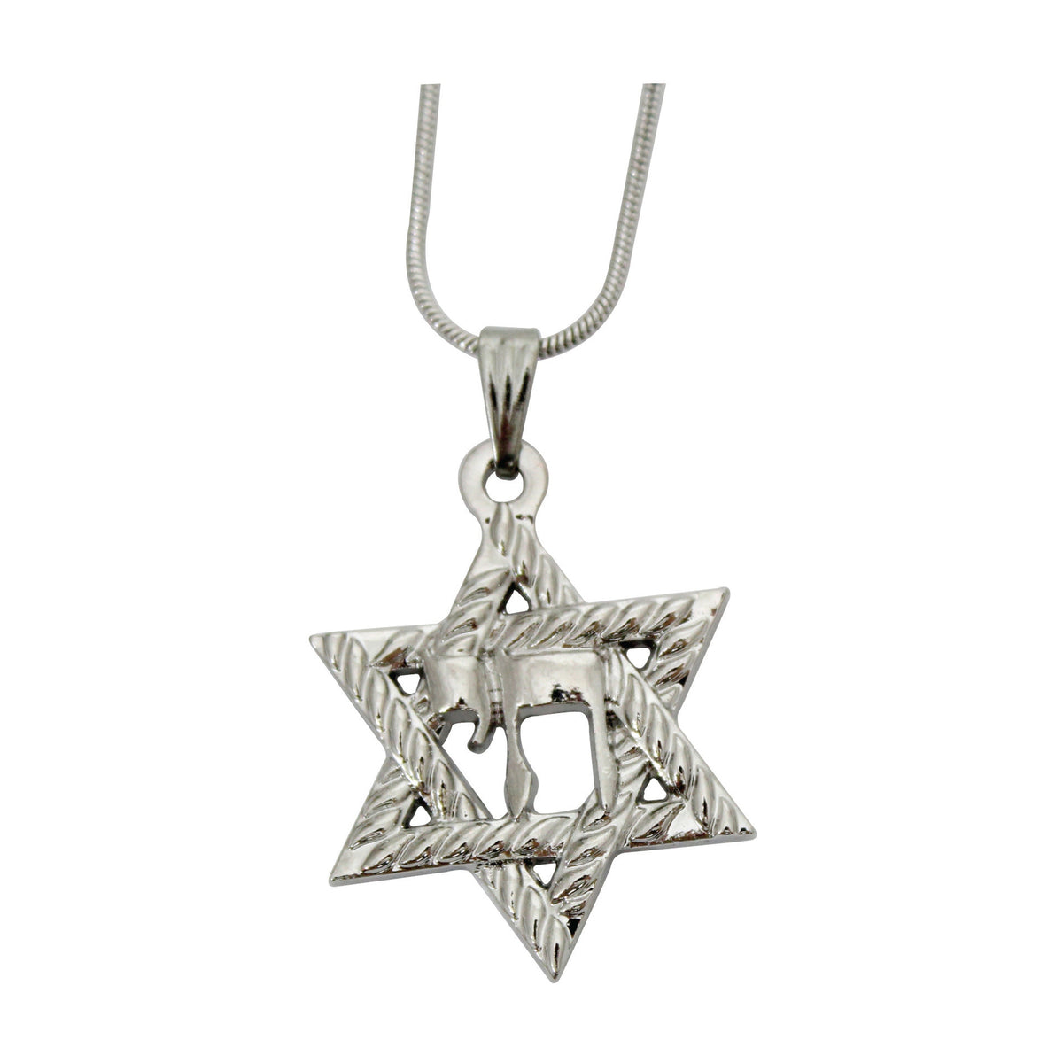 Pendant, Magen David with Chai, Rhodium Plated