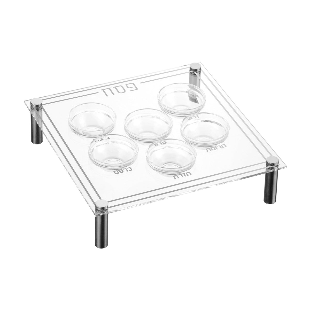 Modern Acrylic Seder Plate With Silver Design & Legs - 6 Glass Bowls