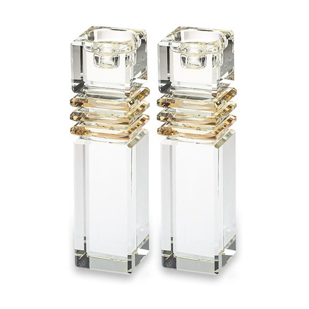 Square Crystal Shabbat Candlesticks with Gold Accents