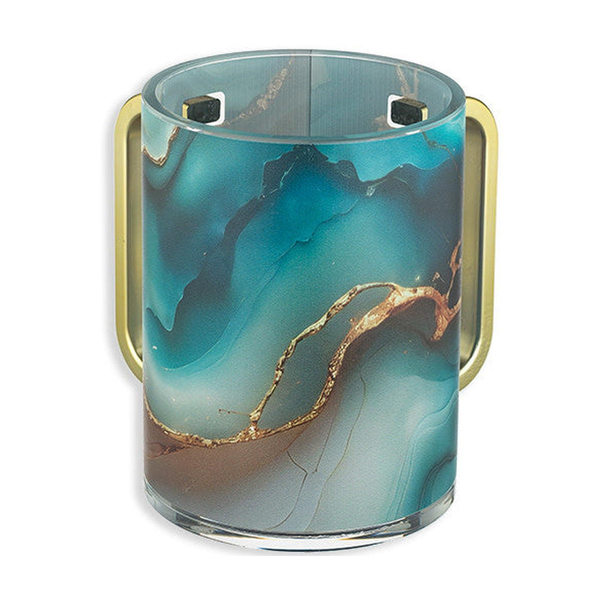 Blue Marble Washing Cup With Gold Handles - Lucite