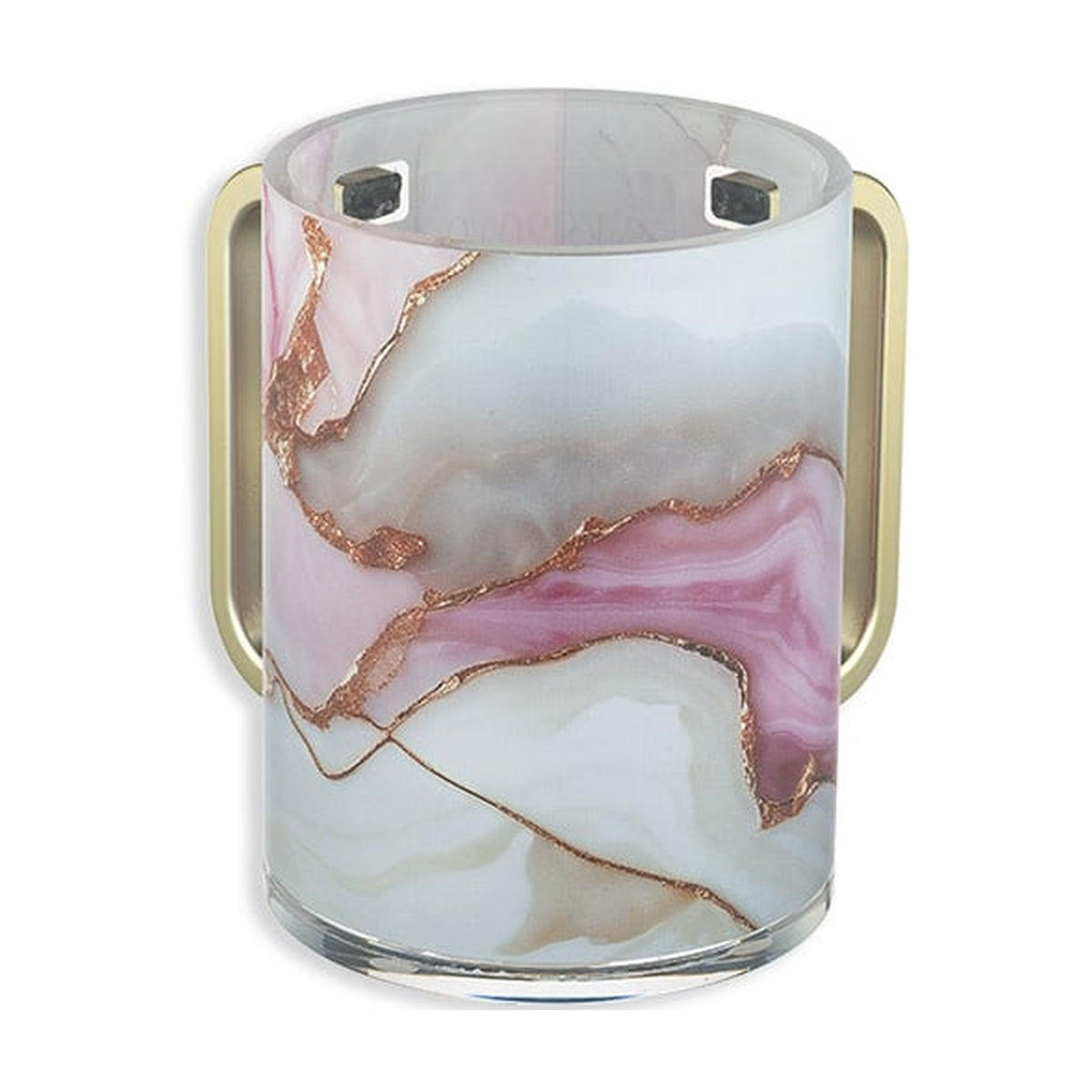 Pink and White Marble Washing Cup With Gold Handles - Lucite