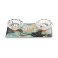 Blue and Gold Glass Shabbat Candlesticks on a Tray