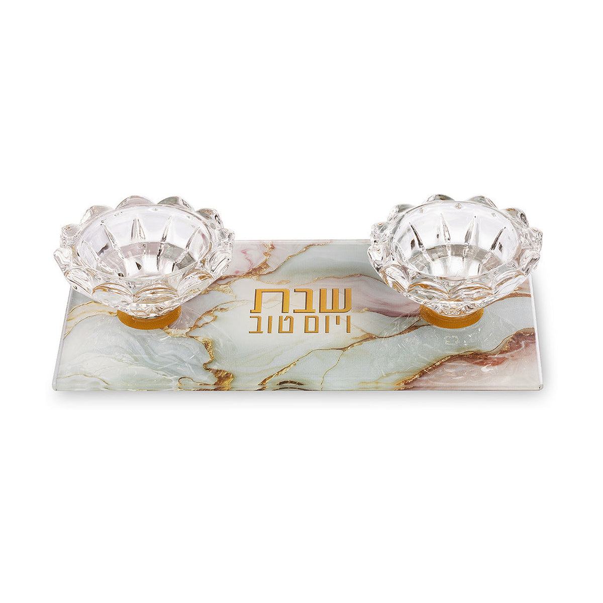 White and Gold Glass Shabbat Candlesticks on a Tray