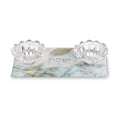 Light Blue and Gold Glass Shabbat Candlesticks on a Tray