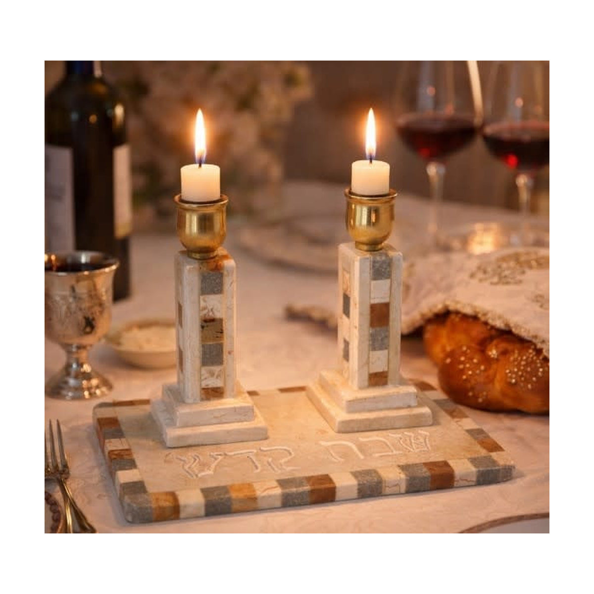 Pair of white marble candlesticks 15 cm including tray