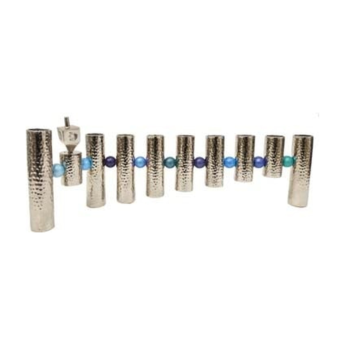 Menorah, Hammered Aluminum with Blue Shades Sphere Decoration