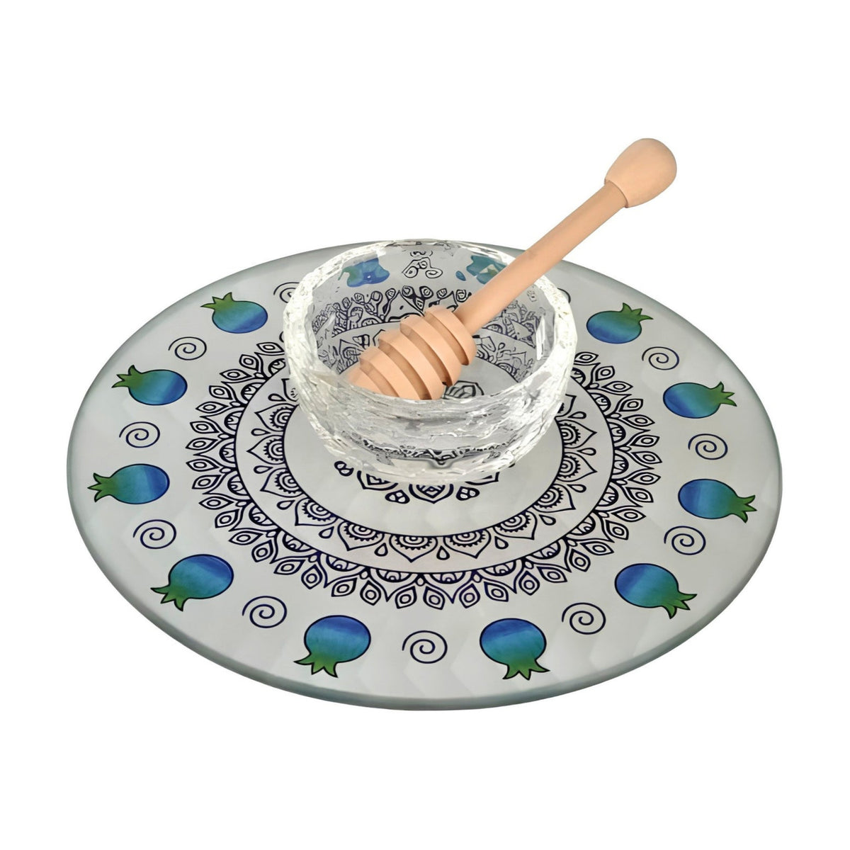 Glass Pomegranate Shaped Honey Dish + Wooden Spoon