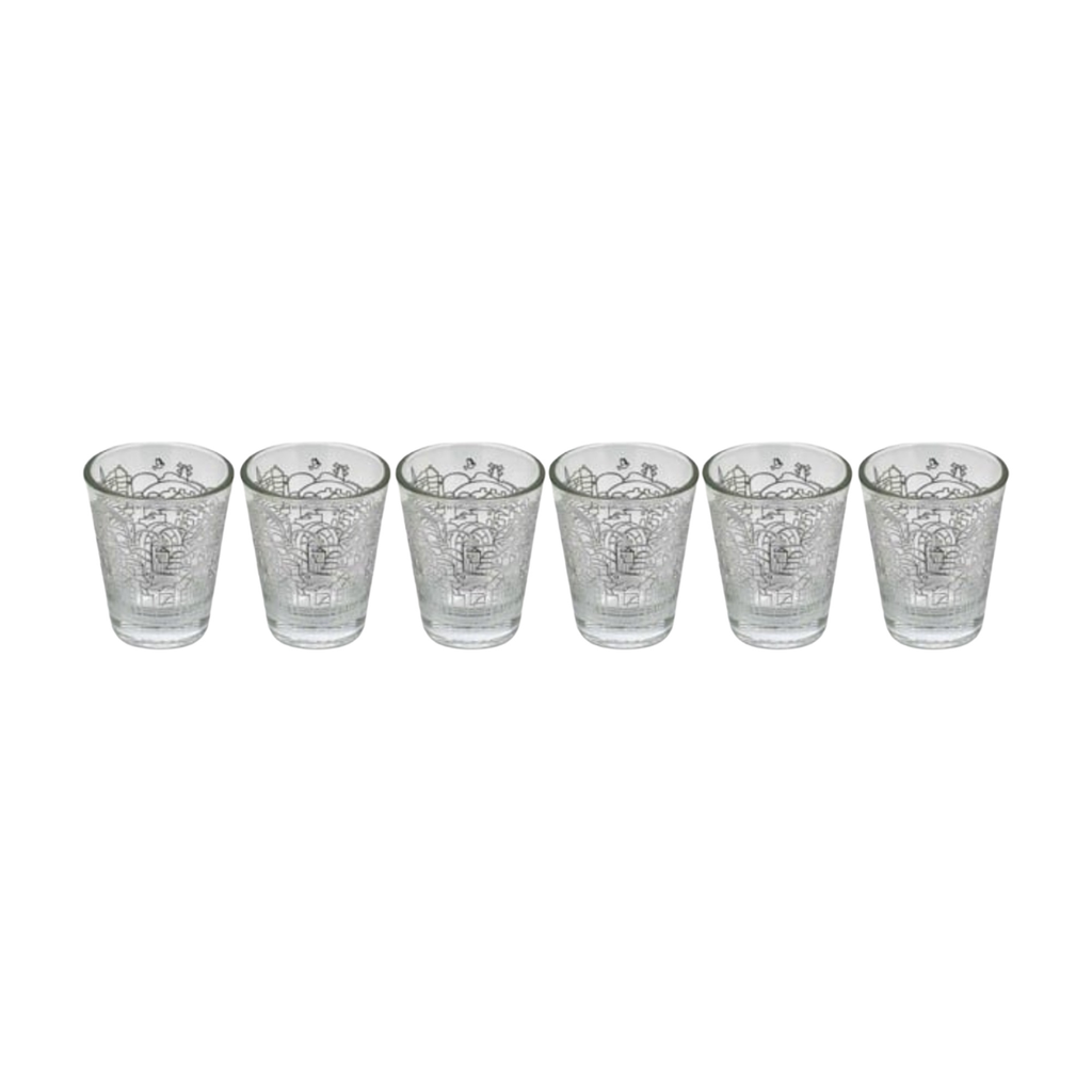 Kiddush Cup Set, Glass, 6pcs - Jerusalem Design