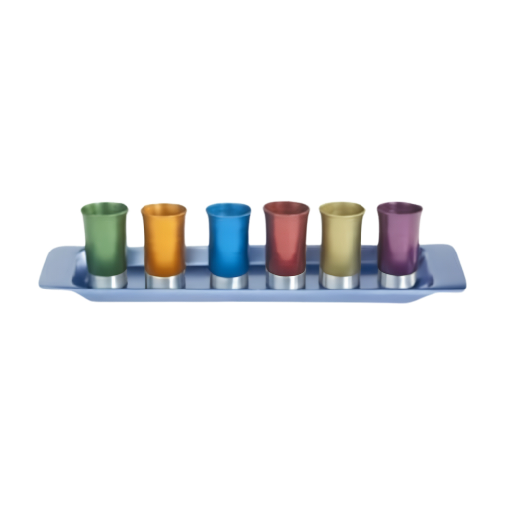 Set of 6 Anodized Aluminum Cups with Tray, Multicolour