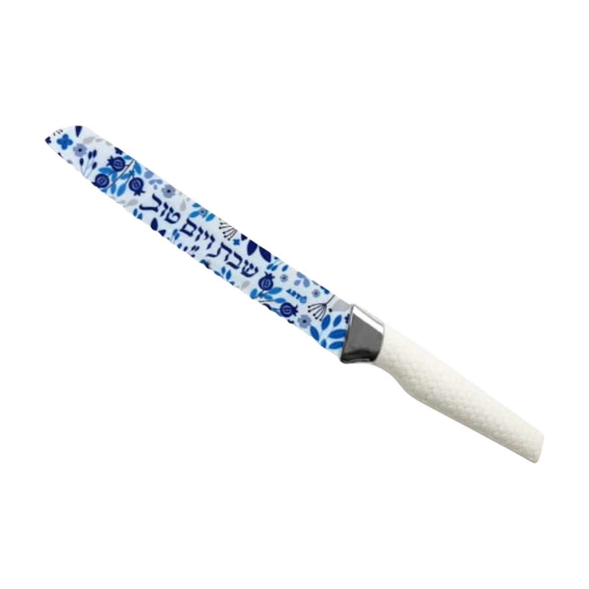 Shabbat Challah Knife with Decorative Blade – “Shabbat VeYom Tov” Blue Pomegranate Design