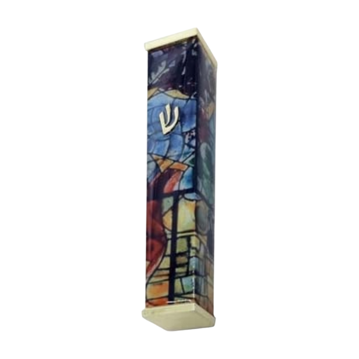 Aluminum Mezuzah Case, 10cm, Chagall Windows, Multicolour with Gold Tips
