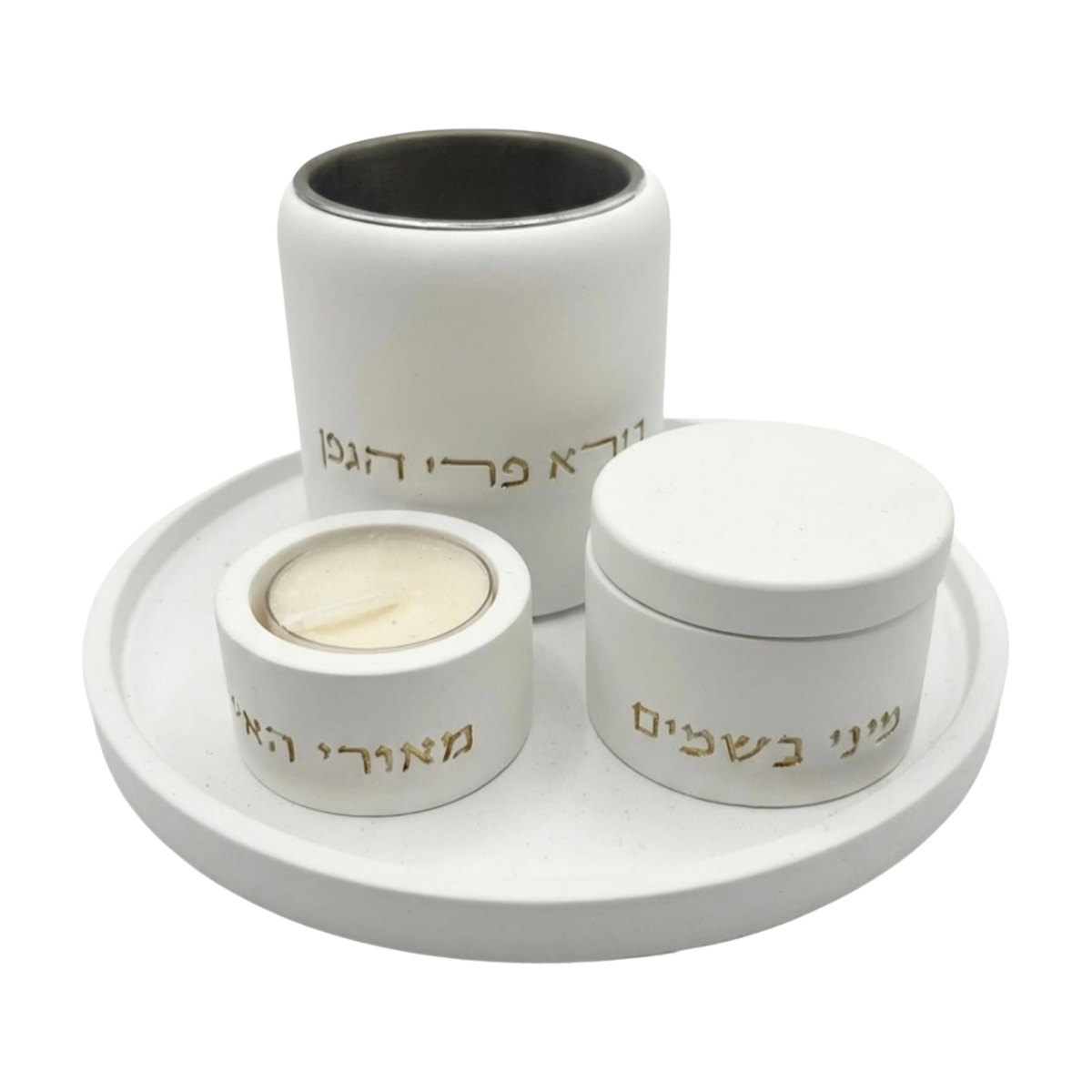 Havdallah Set, Concrete, White with Gold Trim