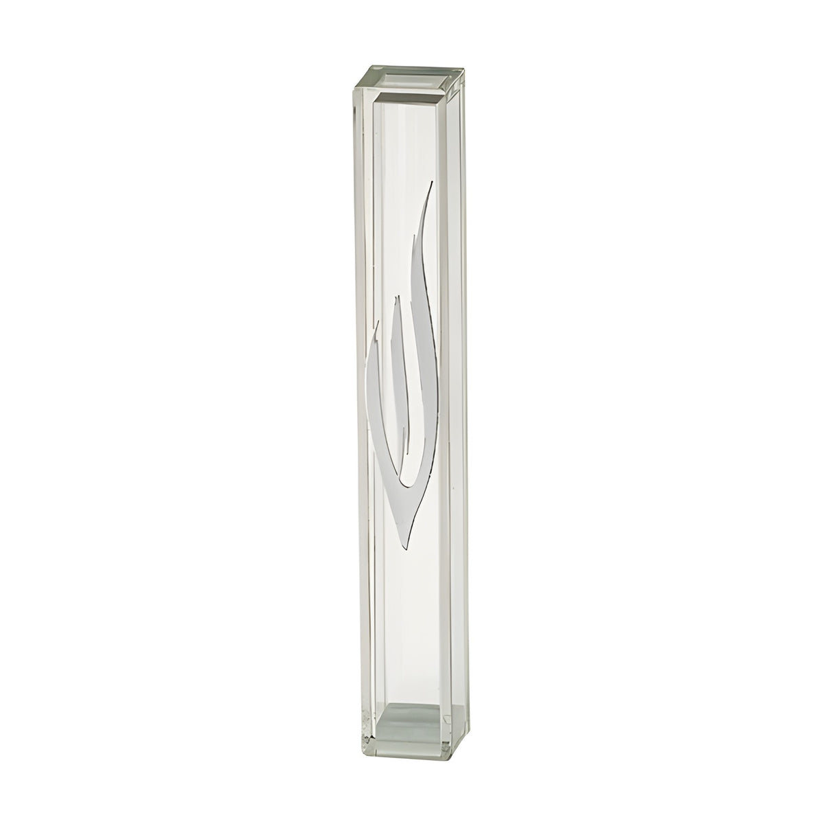 Clear Lucite Mezuzah with Large Silver Stylized Shin, 12cm