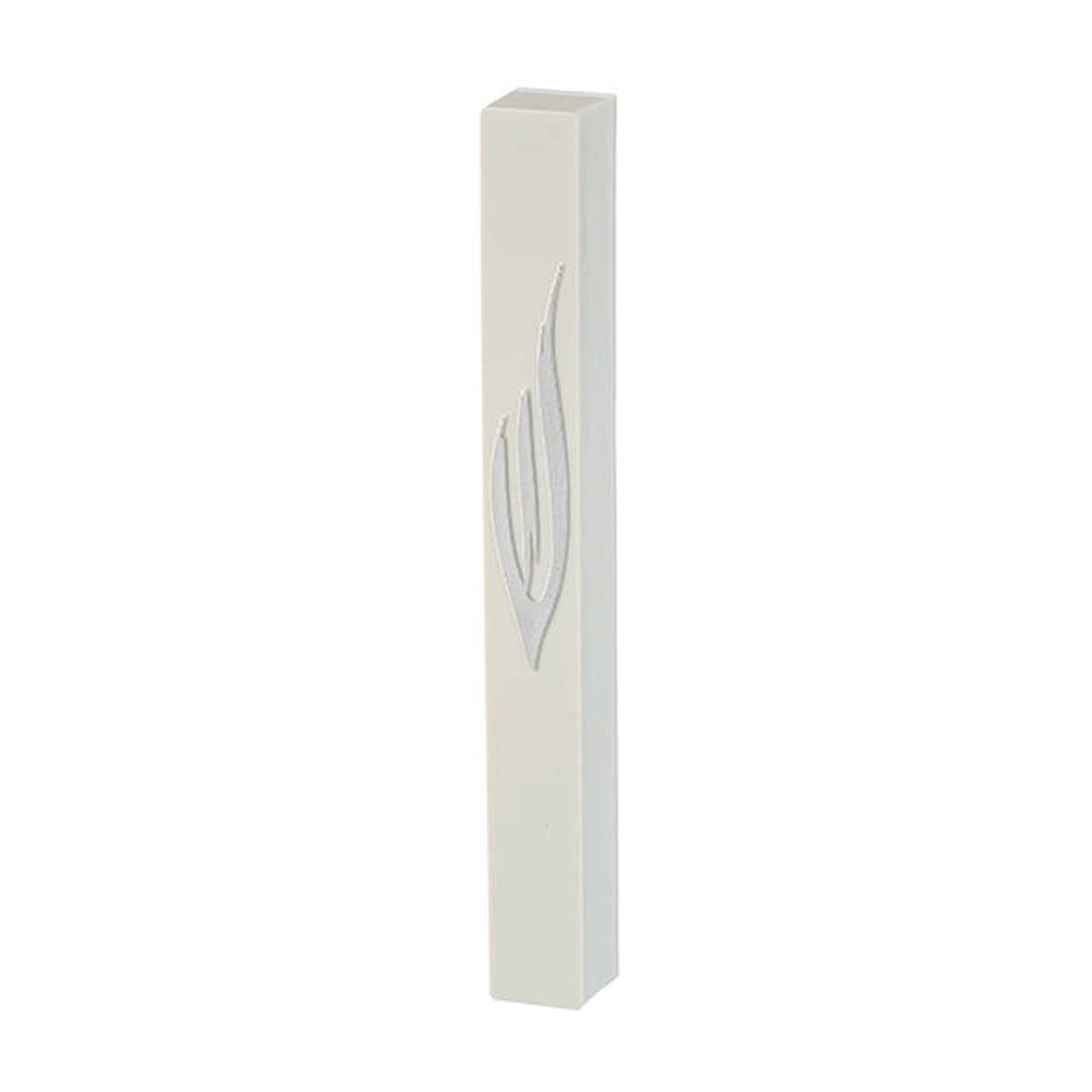 Plastic Mezuzah, White with Silver Metal Shin, 12cm