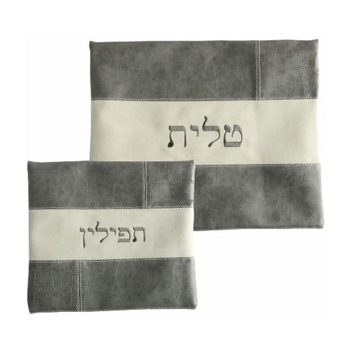 Leatherette Tallit and Tefillin Set, Grey & Cream