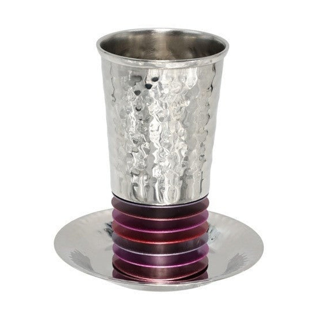 Kiddush Cup with Tray, Aluminum Disc Design, Shades of Red and Purple