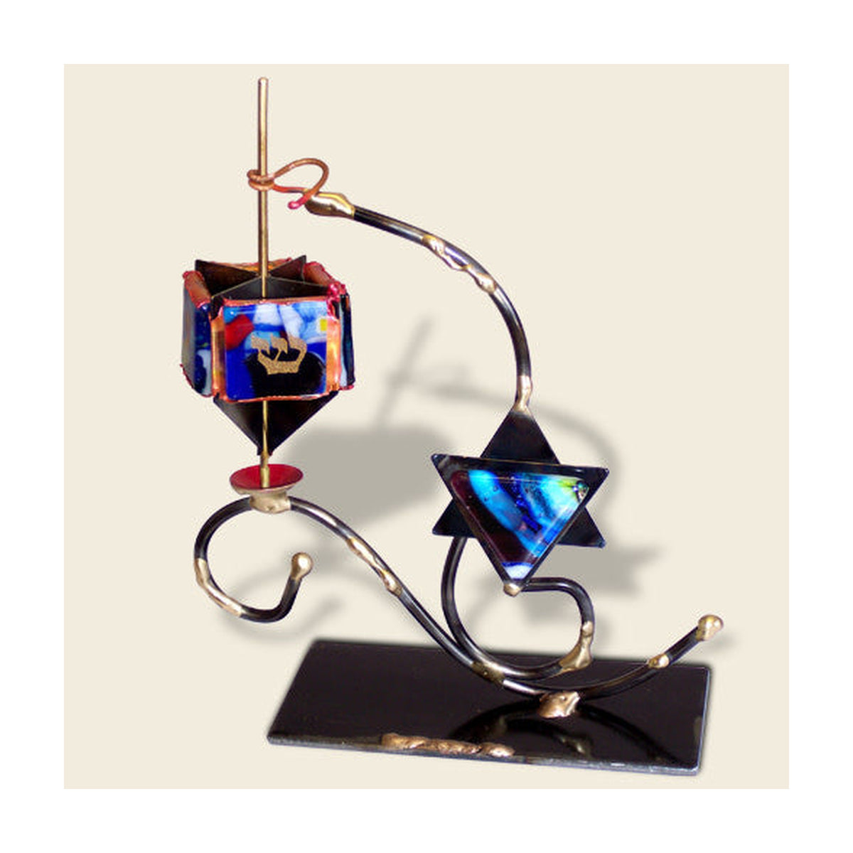 Dreidle with Magen David Fused Glass Decoration, Mixed Metals