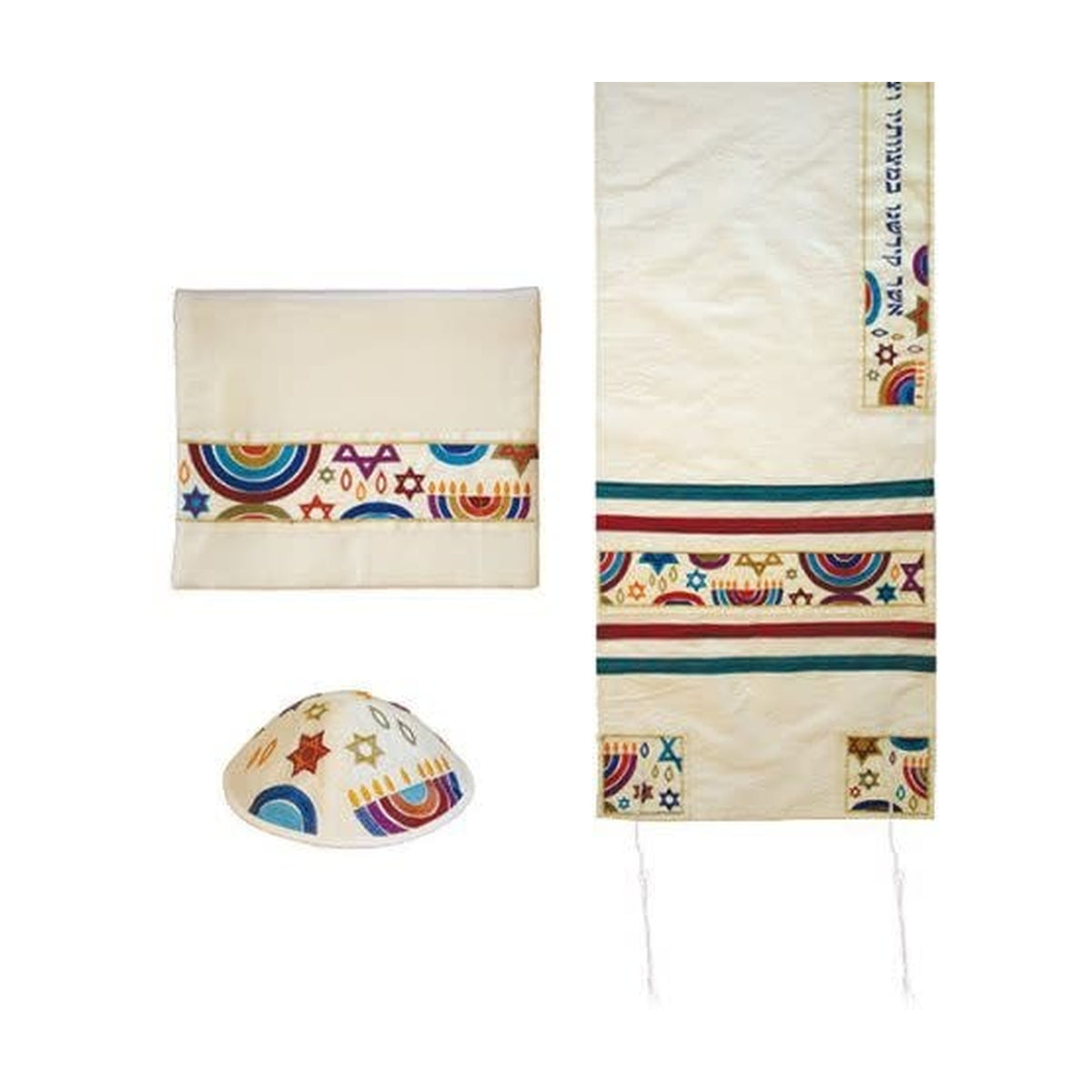 Raw Silk Tallit, Embroidered - Star of David/Menorah, Multicolour