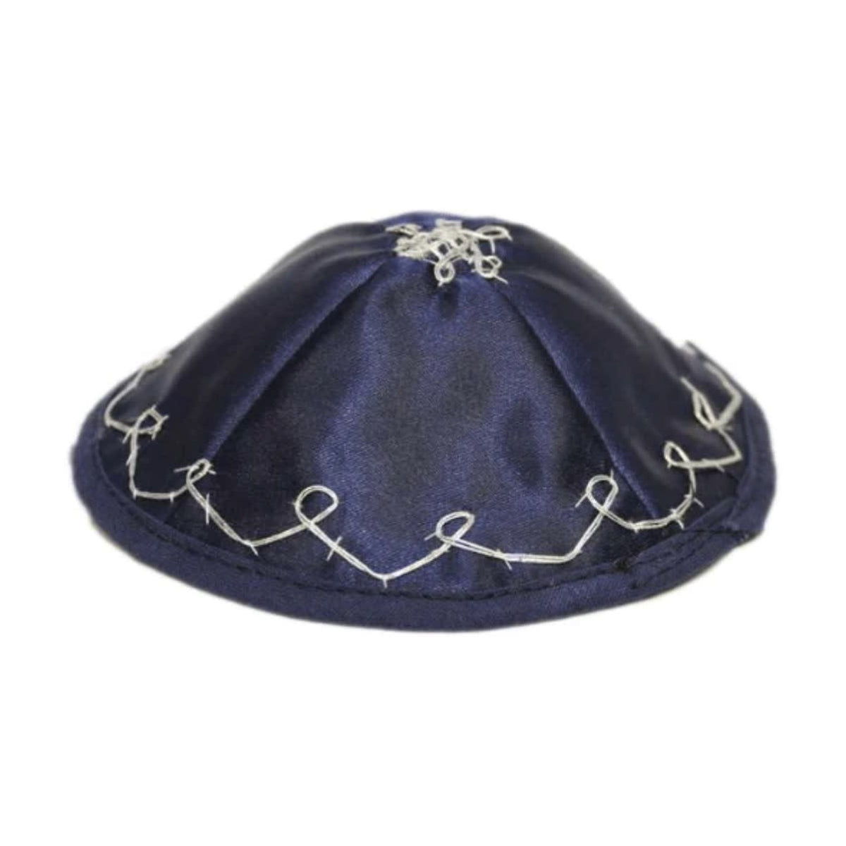 Baby Kippah, Navy Satin with Silver Trim