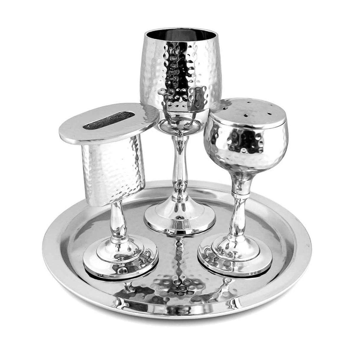 4 Piece Stainless Steel Havdallah Set with Hammered Shiny Finish
