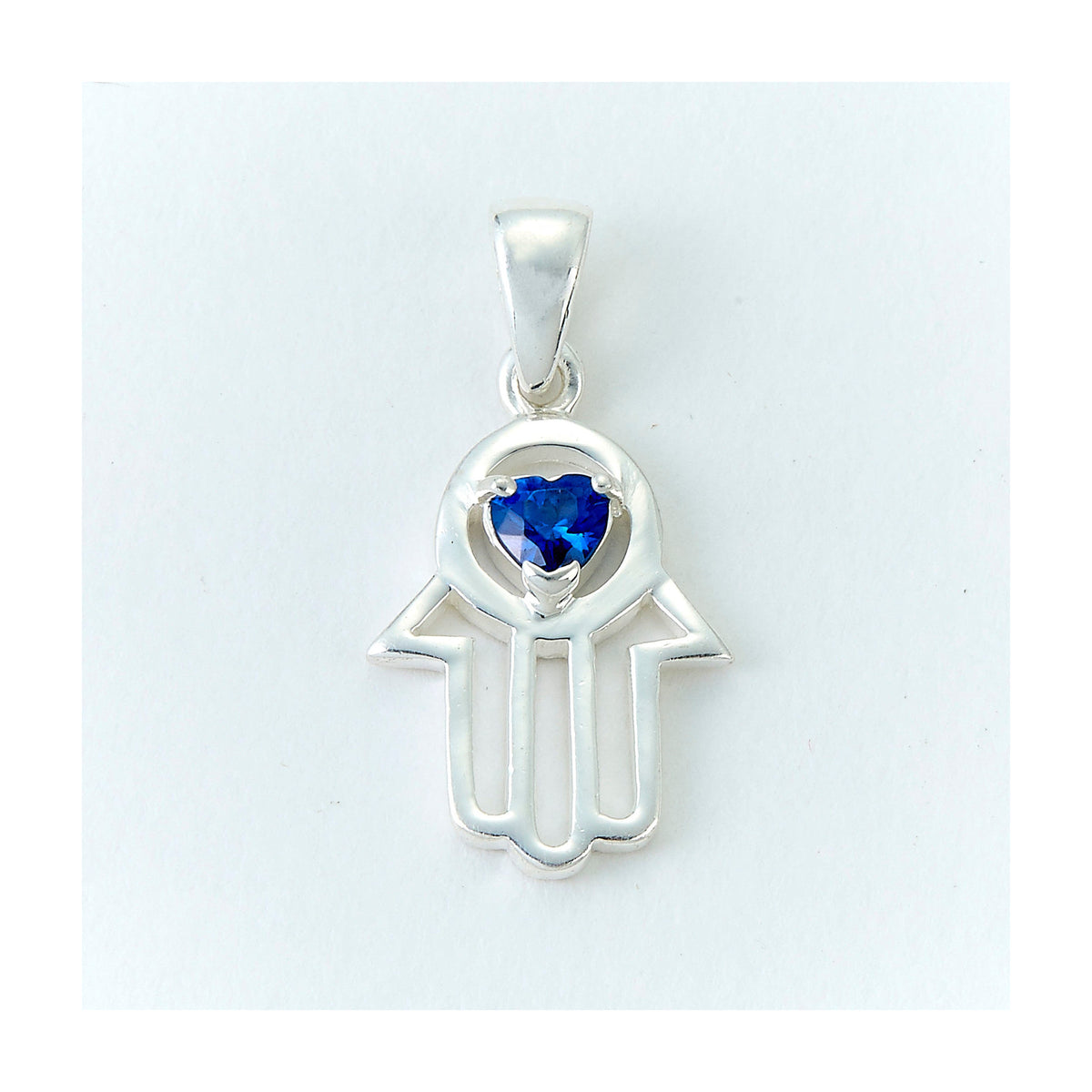 Hamsa Pendant, Sterling Silver with Blue Heart Crystal
