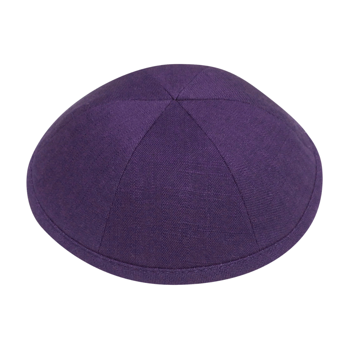 A solid purple kippah with a visible woven fabric linen texture, photographed from a top-down perspective on a clean white background.