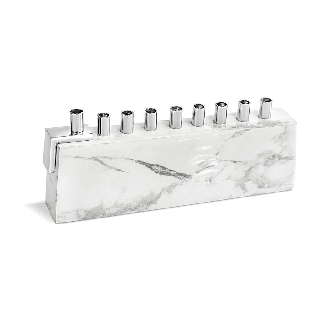 Aluminum Menorah with Marble Decal - White/Silver