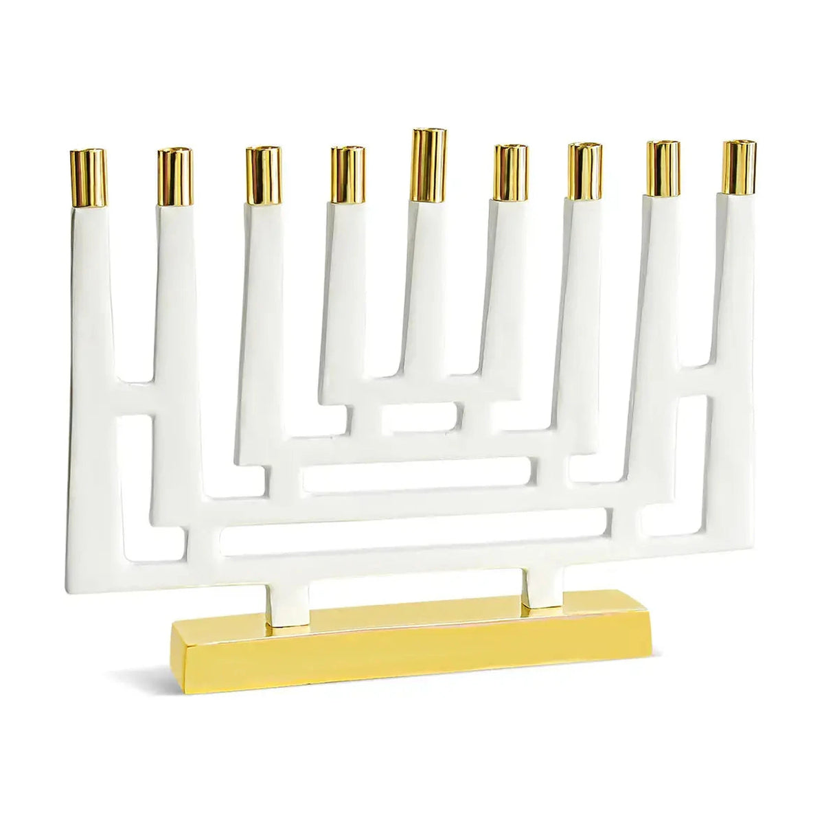 Maze Menorah - White Enamel with Shiny Brass