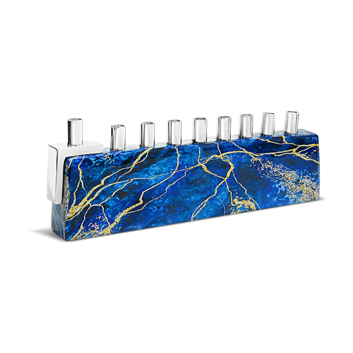 Aluminum Menorah with Marble Decal - Blue/Gold