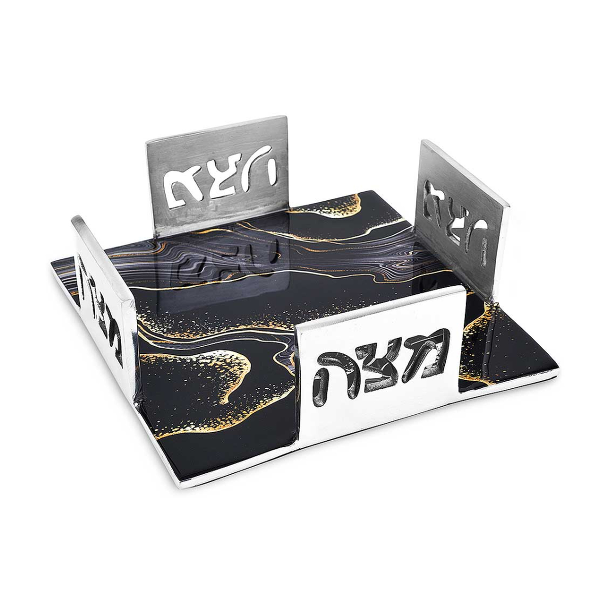 Aluminum Matzah Open Box with Black Marble Design