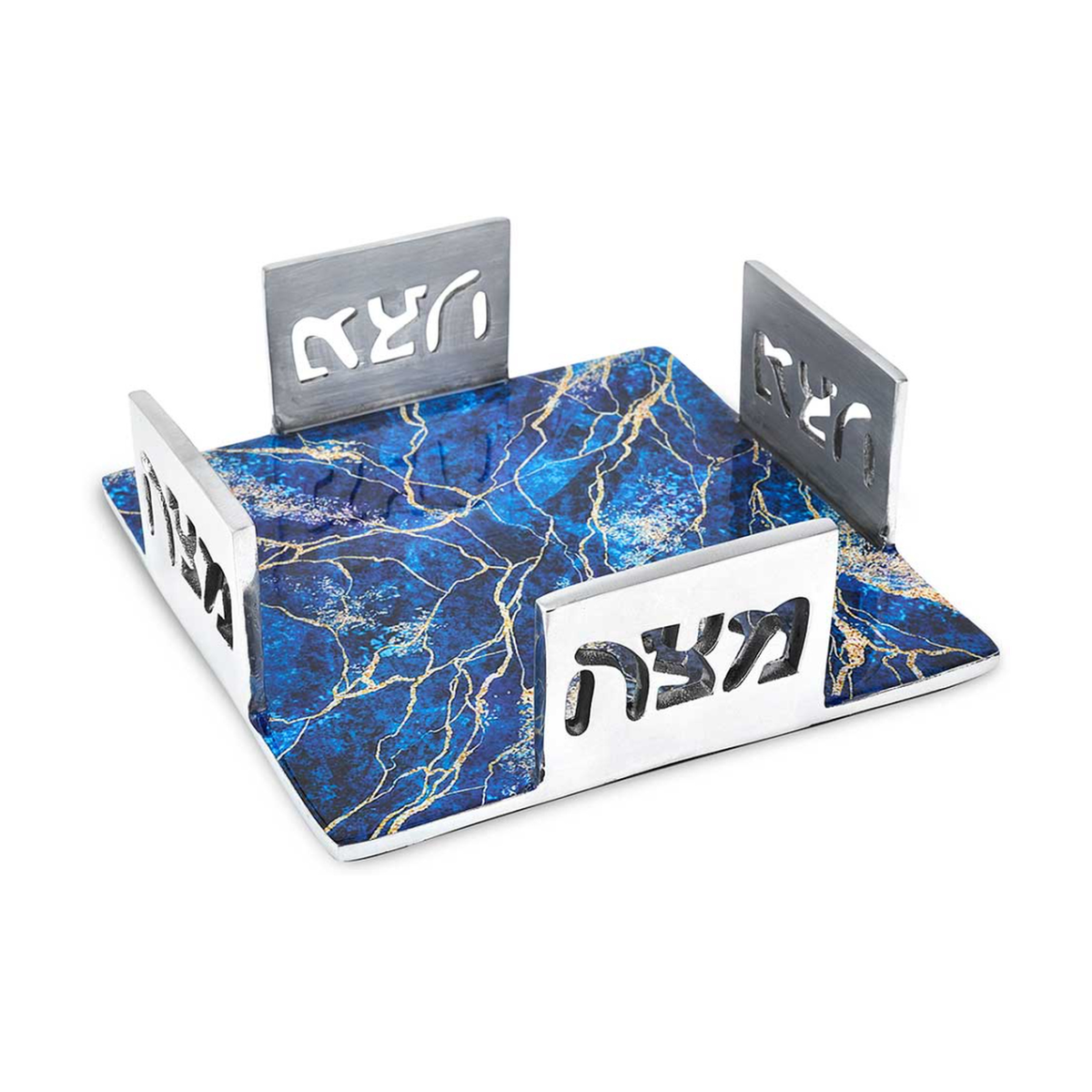 Aluminum Matzah Open Box with Blue Marble Design