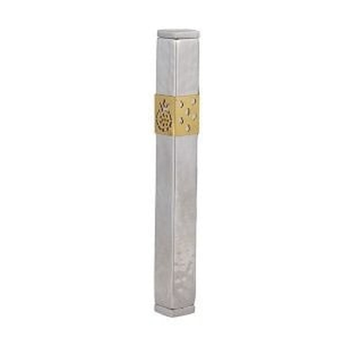 Mezuzah Case, Aluminum, 12cm- Hammered with Gold pomegranate cutout