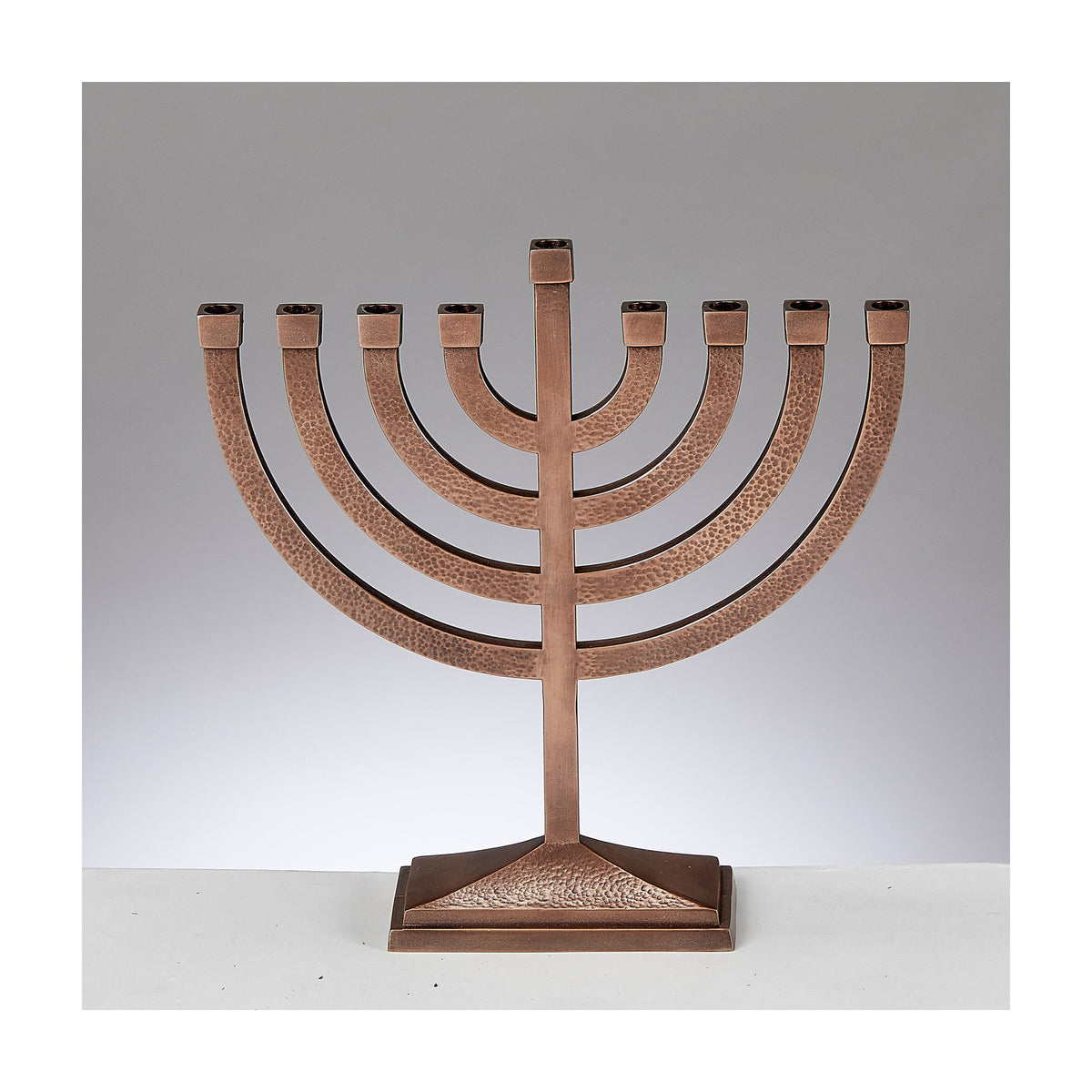 Traditional Menorah, Hammered Aluminum with Copper Finish, 8½x8½ inches