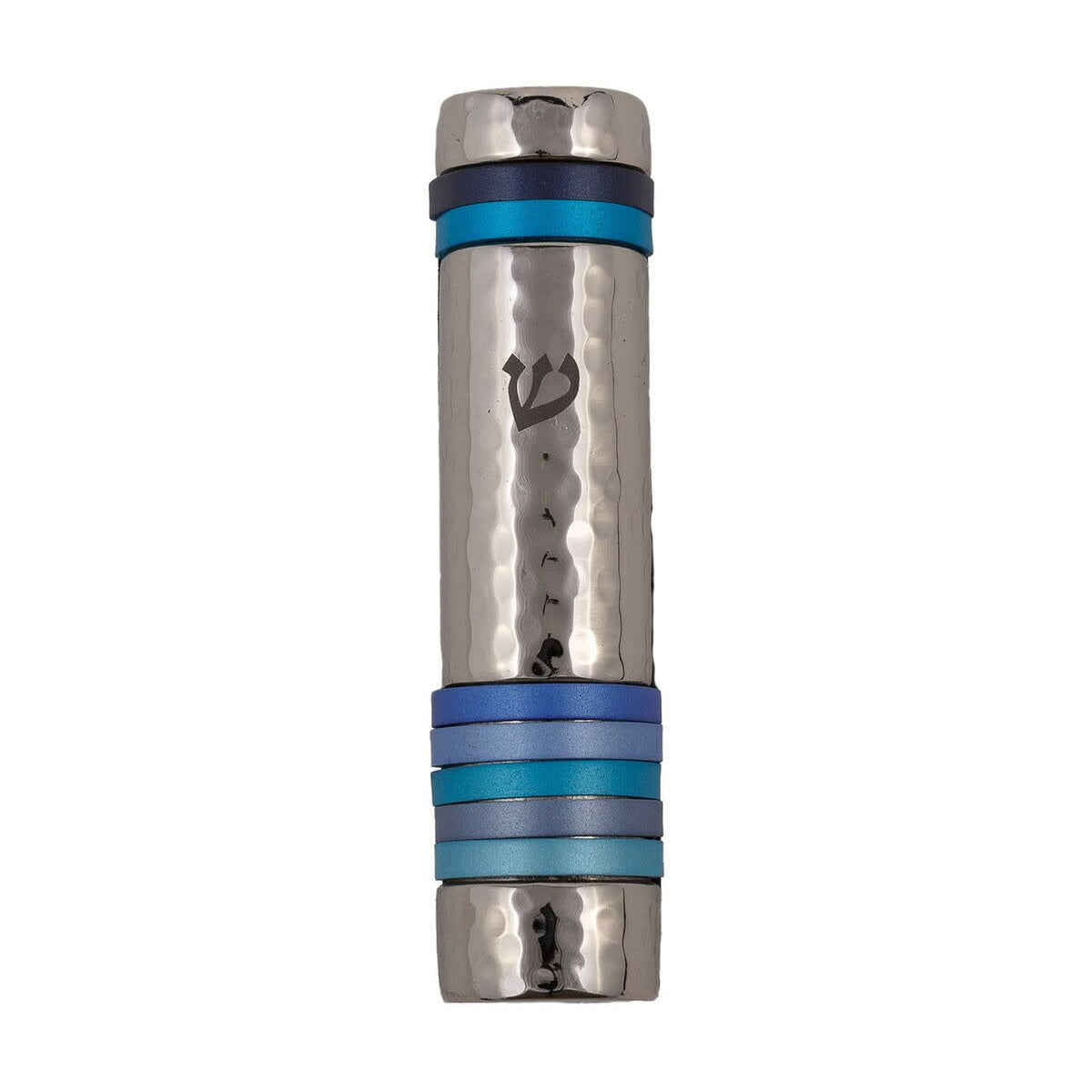 Hammered Aluminum Mezuzah Case, 10cm- Blue rings