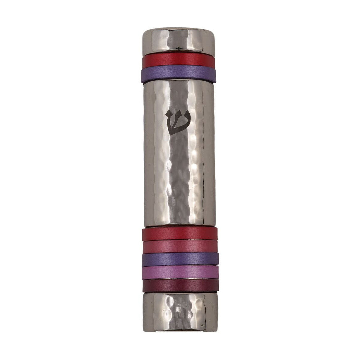 Hammered Aluminum Mezuzah Case, 10cm- Red and Purple Rings