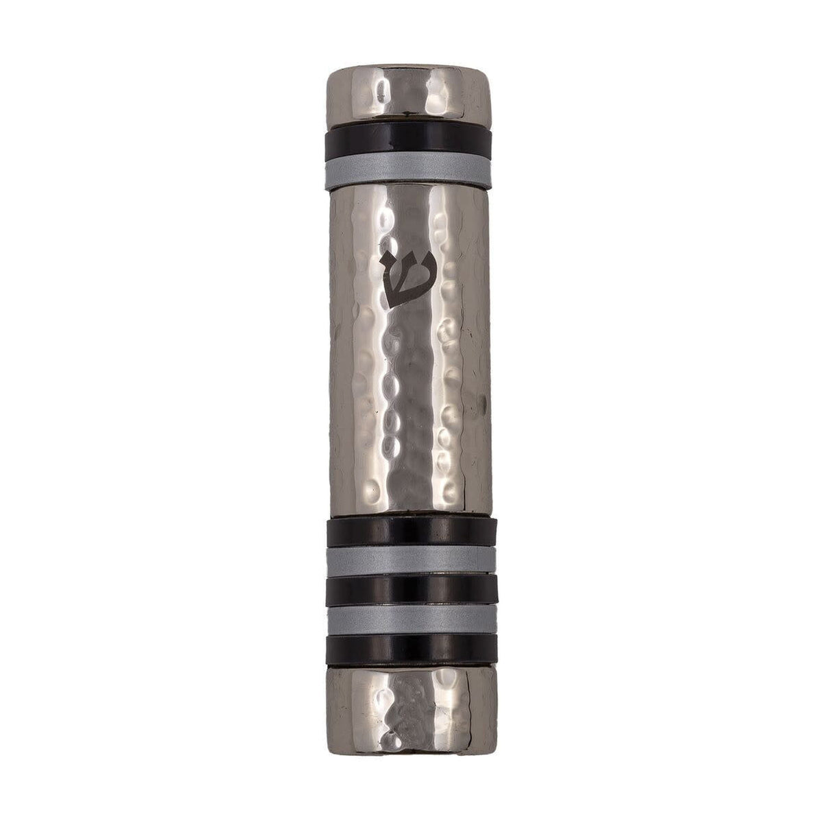 Hammered Aluminum Mezuzah Case, 10cm- Black and Silver Rings