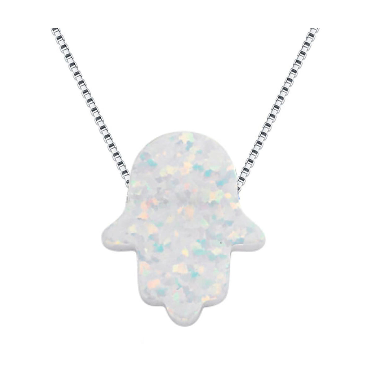 White Opal Hamsa Necklace with Sterling Silver Chain