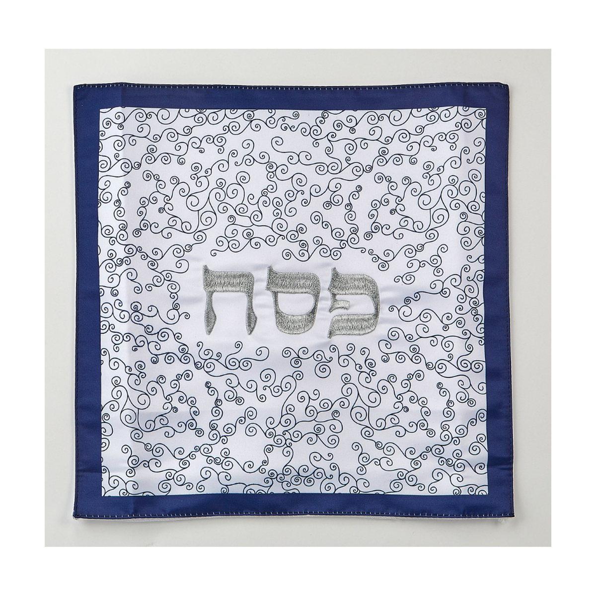 Matzah Cover, White Curlicues & Silver, Embroidered Satin
