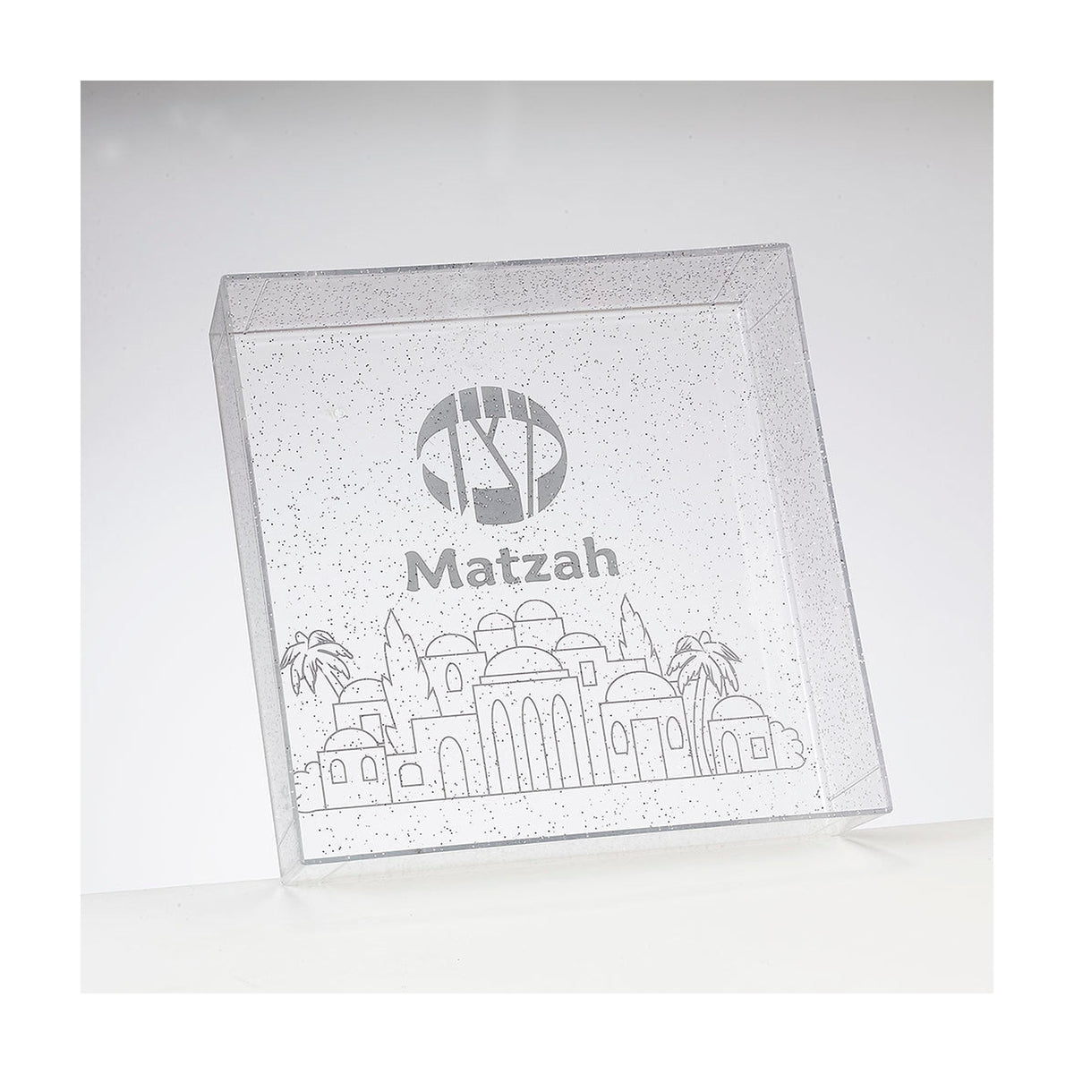 Matzah Tray, Clear with Glitter, 8-inch Square