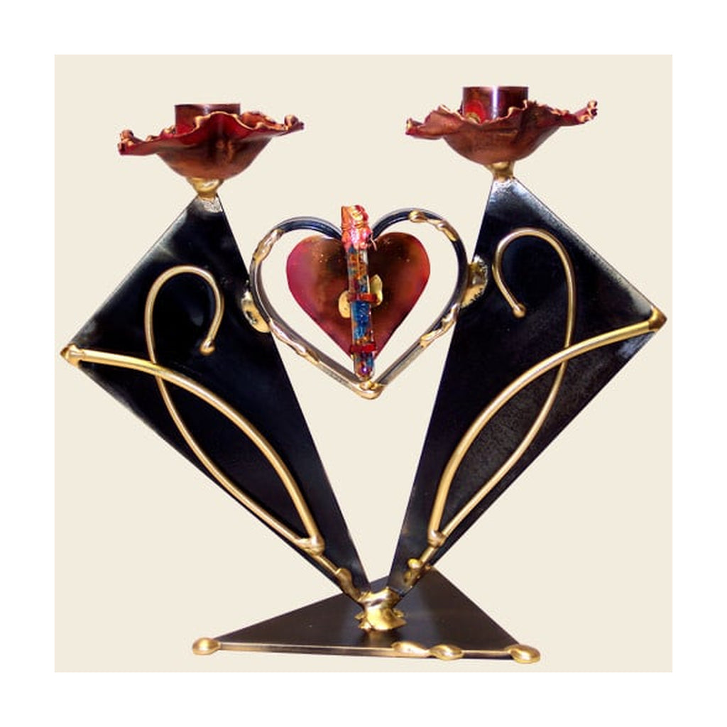 Shabbat Candlesticks with Wedding Glass Shards Tube, Heart Design
