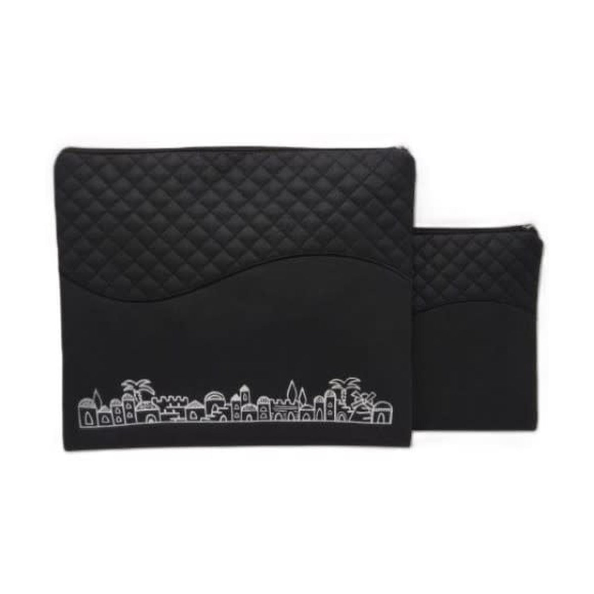 Tallit and Tefillin Cover, Black PU Jerusalem, Silver Embossed Letters
