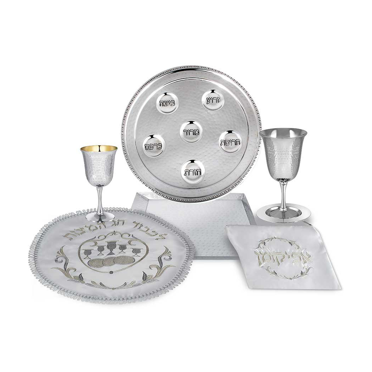 Elegent 6 Piece Passover Set - Hammered with Round Matzah Cover