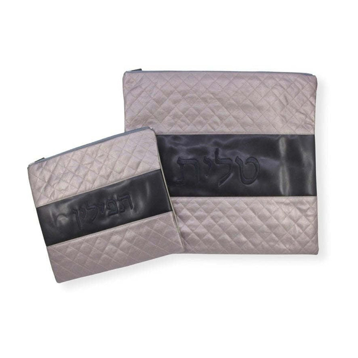 Tallit and Tefillin Bag Set - Design - Faux Leather - Grey with Dark Grey