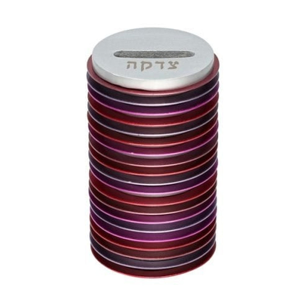 Tzedakah Box, Aluminum Disc Design, Shades of Red and Purple