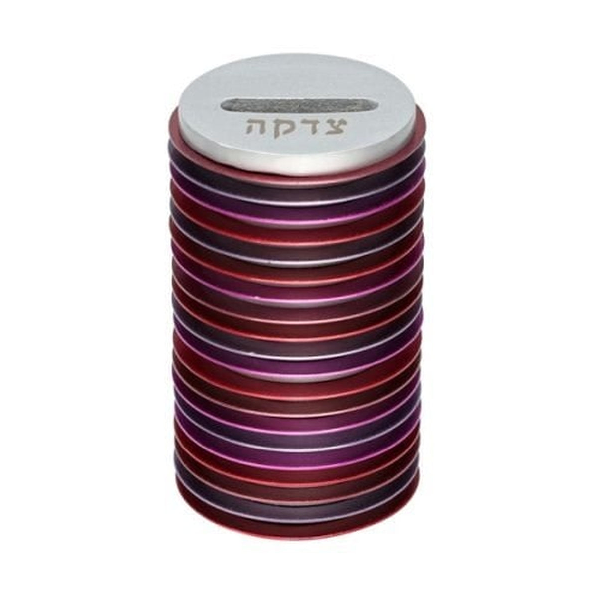 Tzedakah Box, Aluminum Disc Design, Shades of Red and Purple