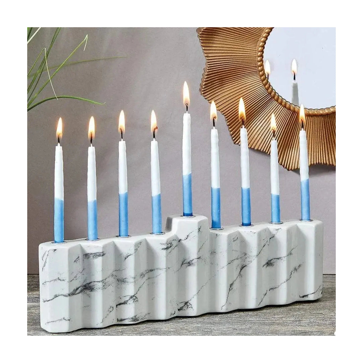 "Hexagons" Hand Painted Ceramic Menorah, White Marble